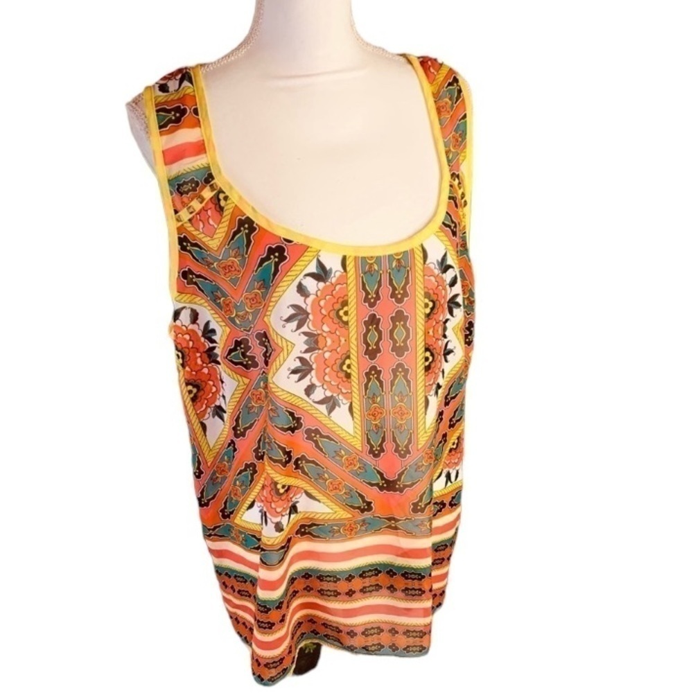 Eyeshadow 2X Sheer Sleeveless Boho Blouse Green Orange Yellow Black